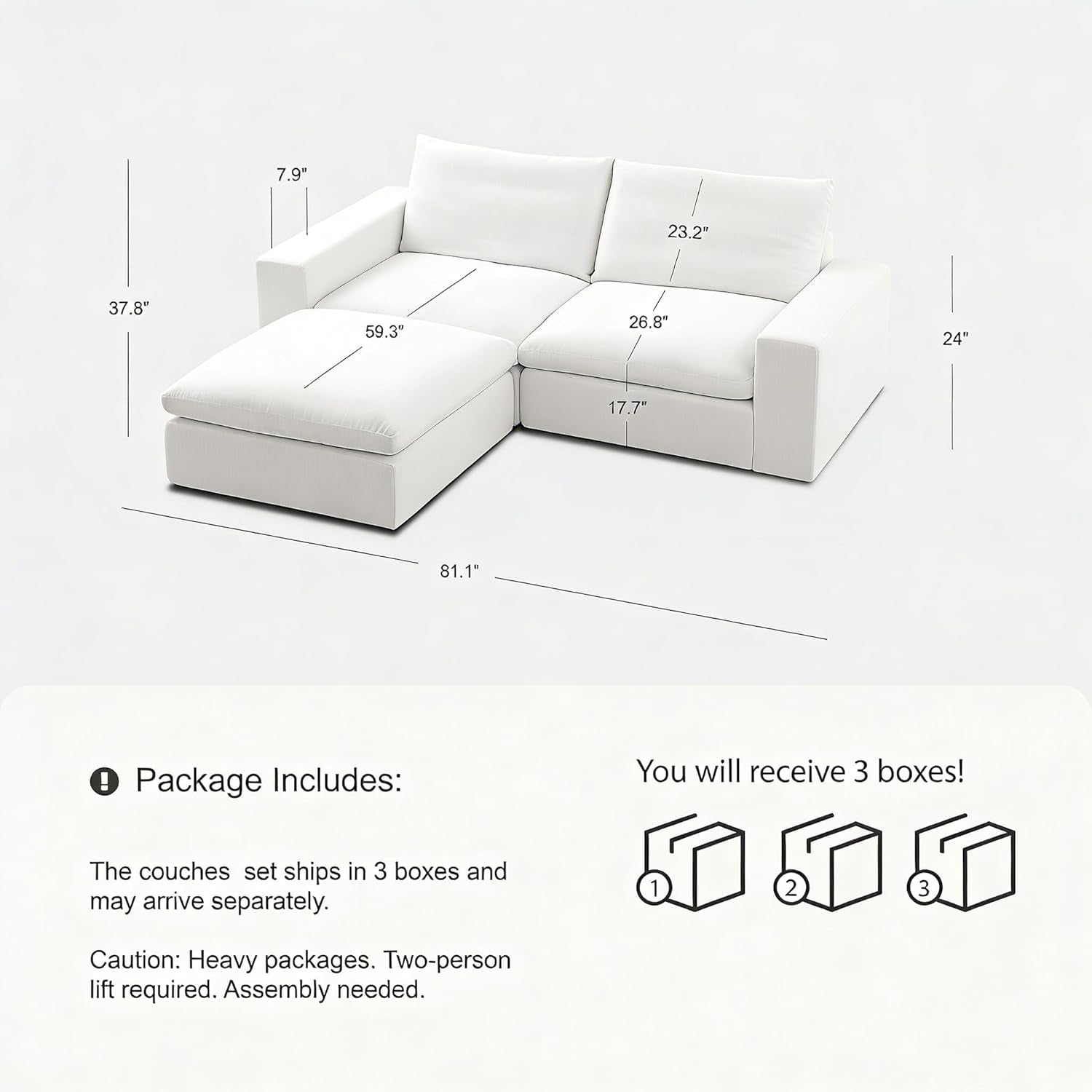 Cloud Couch Sectional 78.7'' Oversized Modular Deep Seat Sofa L Shaped Comfy White Cloud Couch with Washable Cover for Living Room Loveseat with Ottoman | Water Repellent