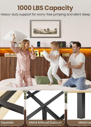 King Size Bed Frame with Headboard and Dual Storage Drawers, LED Lighting and Charging Port, Farmhouse Wavy Design, Wood and Metal Platform, Noise-Free, No Box Spring Required, Walnut Finish