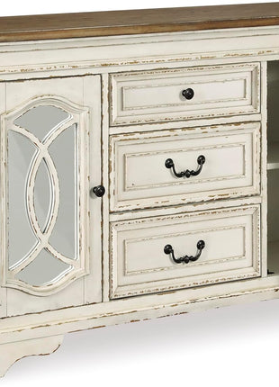 Signature Design by Ashley Realyn French Country Distressed Dining Room Server with Three Drawers and Two Cabinet Doors, Wood Construction, 59" W x 17" D x 36.5" H, Chipped White Finish