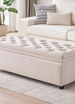 50-Inch Tufted Storage Ottoman Bench for Living Room and Bedroom - Modern Design for End of Bed and Entryway (Beige)