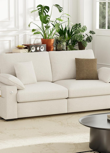 76-Inch Upholstered Mid-Century Modern Loveseat Couch with USB Type C Ports, Includes 4 Pillows and Storage Armrest, Cloud Foam Sofa for Living Room and Small Spaces, Beige | Breathable Fabric