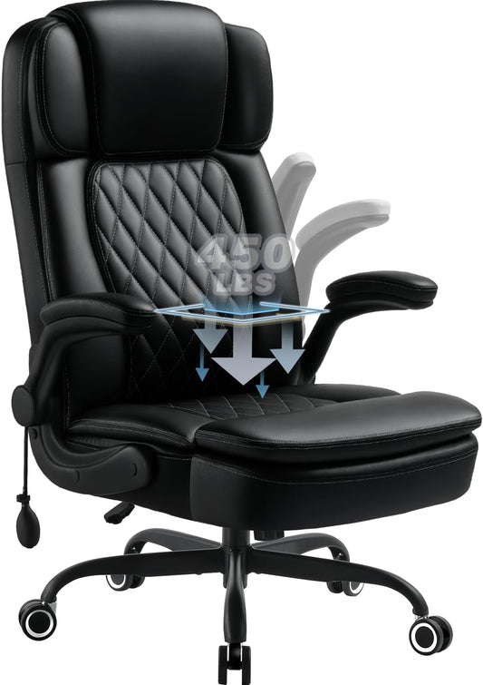 450LBS Big and Tall Executive Office Chair with Flip up Arm, Heavy Duty PU Leather Computer Desk Chair,Comfortable High Back Swivel Home Office Chair with Rolling for Adults,Spring Cushion,Metal Base