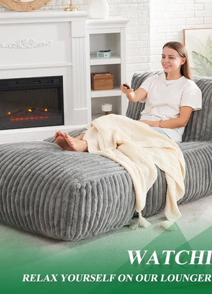 Large Bean Bag Lounger Chair for Adults with Memory Foam Filling - Ideal for Living Room, Bedroom, or Balcony (Stripe Grey)