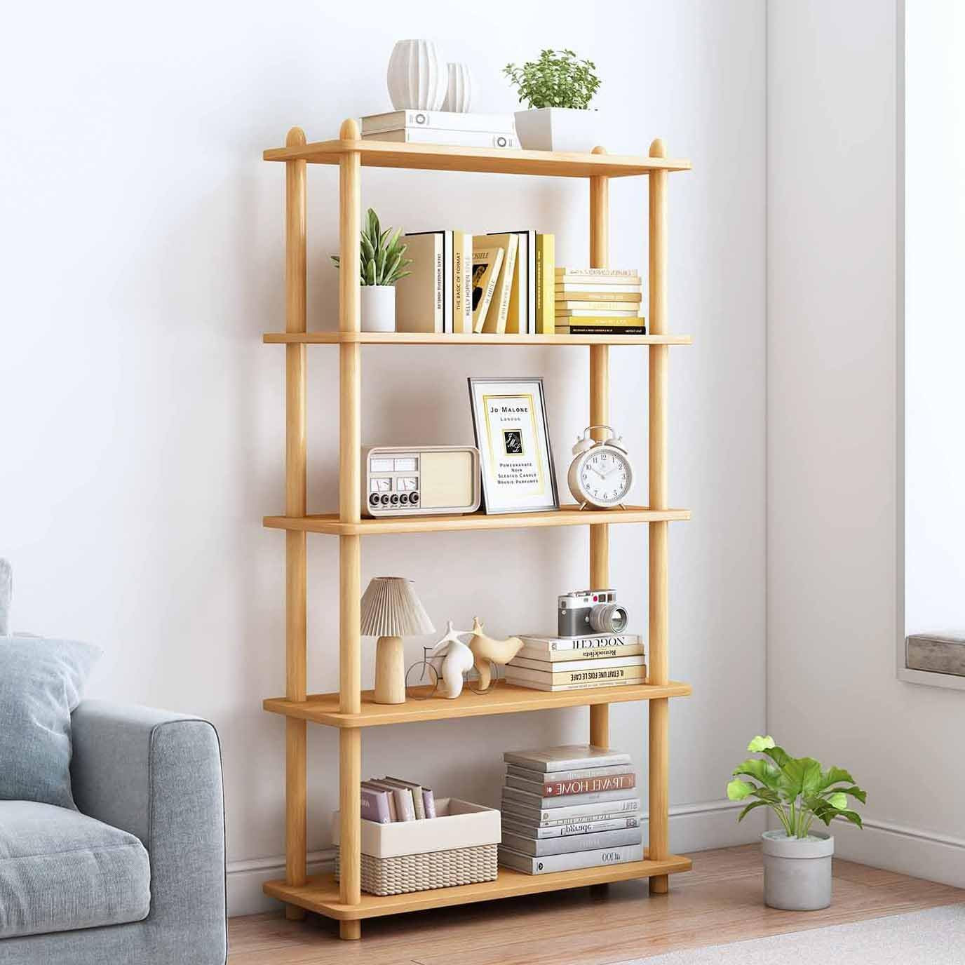 5-Tier Wooden Shelf Bookcase - Modern Open Bookshelf, Free Standing Storage Rack, Multifunctional Display Stand for Home and Office, Oak, Rectangle
