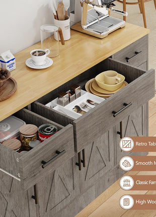 53.4" Farmhouse Buffet Cabinet with Storage, Featuring 3 Drawers and 4 Doors, Adjustable Shelf for Kitchen and Living Room, Gray Finish