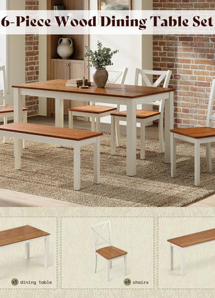 6-Piece Rustic Farmhouse Dining Set with 59" Wooden Table, 4 Chairs, and Bench in Walnut and White - Space-Saving Kitchen and Dining Room Furniture