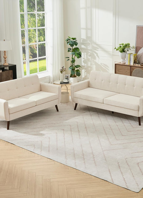 Mid-Century Modern Beige Sofa Couch - Loveseat & Standard Sofa with Linen Fabric, Button Tufting, Solid Wood Legs, Pocket Spring Support, and Wooden Slat Frame