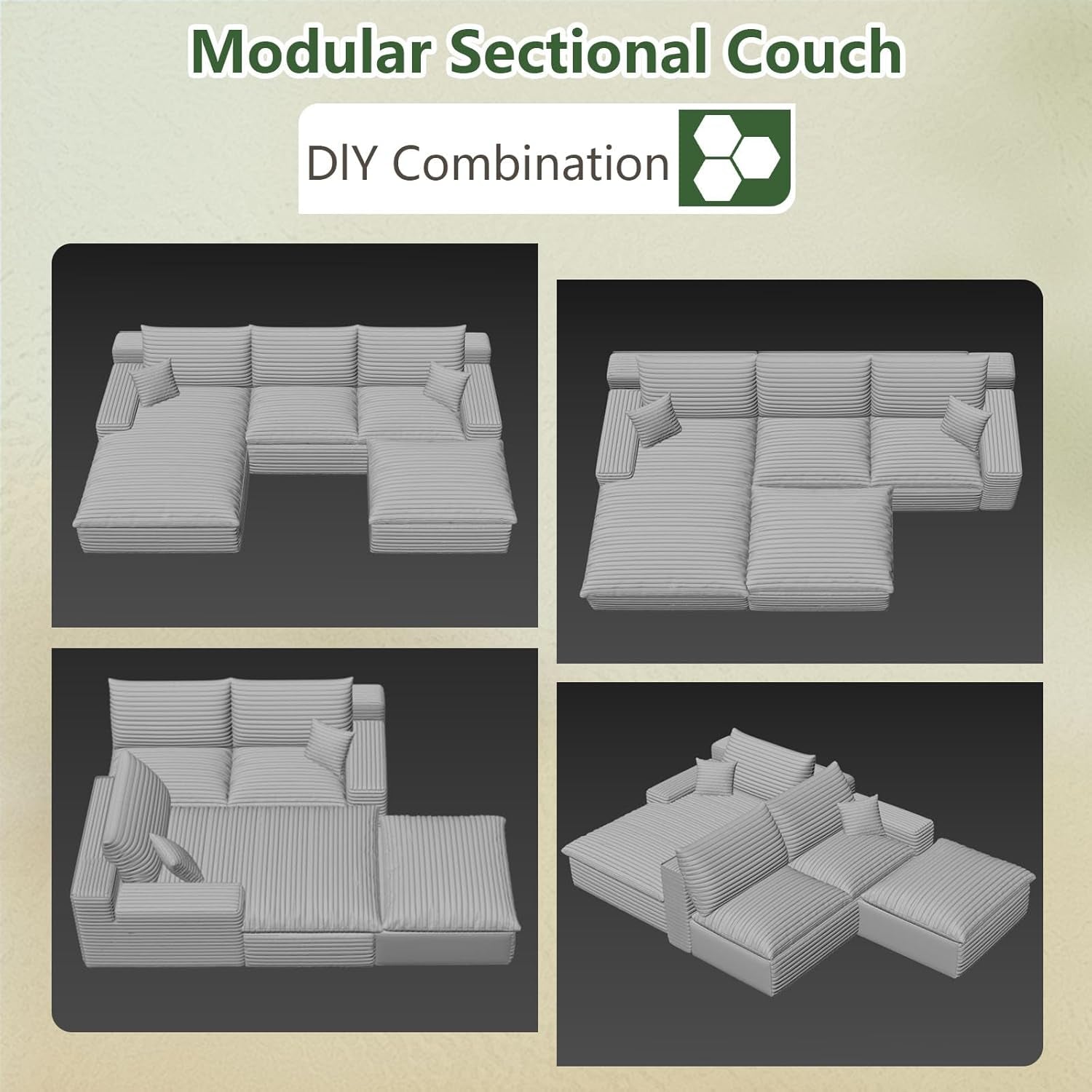 107" Cloud Couch Modular Sectional Sofa for Living Room, U-Shape Boneless Couch with Deep Seat, Modern Corduroy 3-Seater with Ottoman, No Assembly Required (Black,Left-Facing Chaise)