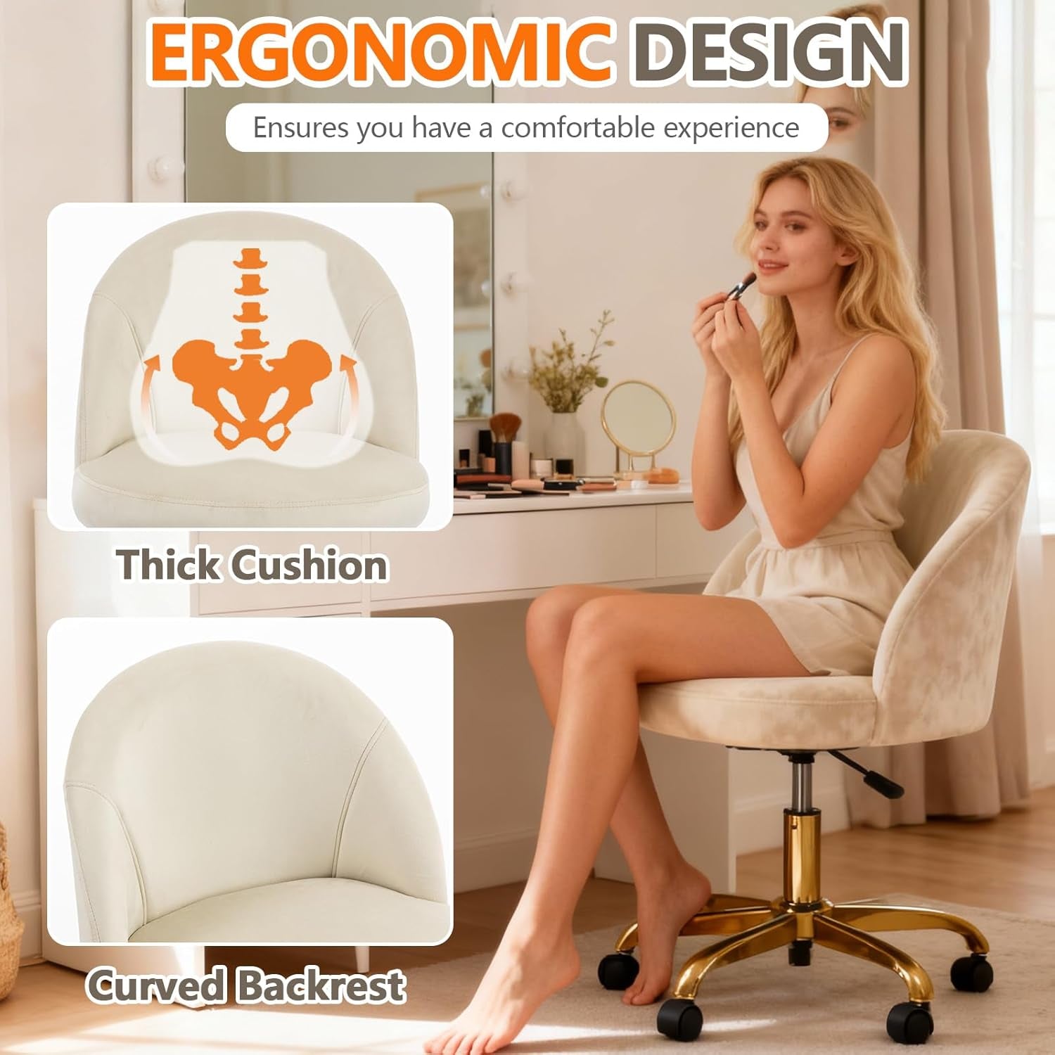 White Vanity Chair with Wheels, Cute Velvet Desk Chair, Height Adjustable, Ergonomic Home Office Desk Chairs, Rolling Vanity Chairs for Living Room/Makeup Room/Bedroom