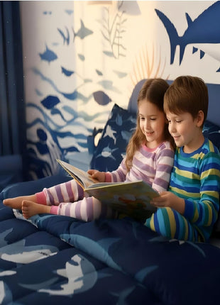 Boys Shark Ocean Sealife Bedding Set - Comforter and Duvet Insert for Kids and Teens, Nautical Marine Life Quilt, Queen Size Navy Blue Bedroom Decor