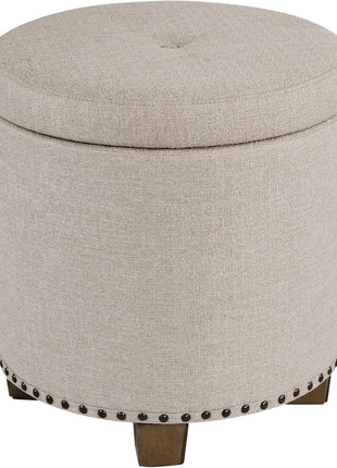 Upholstered Round Storage Ottoman with Nailhead Trim in Light Brown Fabric for Living Room and Bedroom