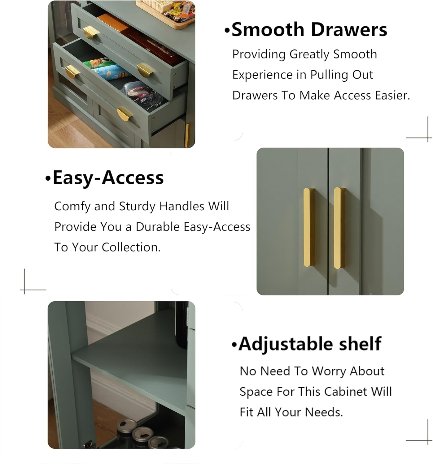 58.27'' Buffet Cabinet with 2 Drawers and Adjustable Shelves,Large Glass Door Coffee Bar Cabinet,Modern Farmhouse Sideboard Credenza for Kitchen,Green