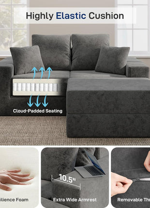 Cloud Modular Sectional Sofa - Contemporary L-Shaped Couch with Reversible Chaise, Customizable Sleeper Bed, Deep Seat and Non-Slip Design in Dark Grey, No Assembly Required