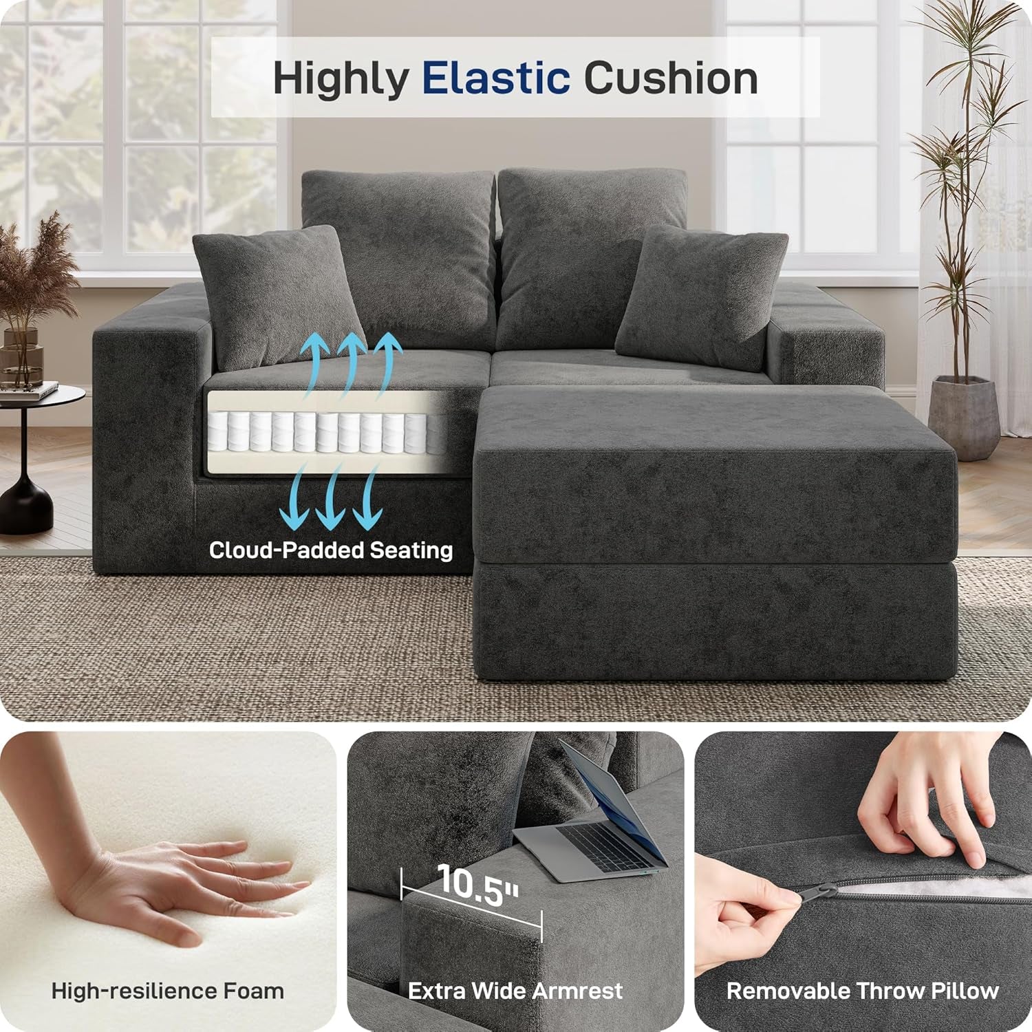 Cloud Modular Sectional Sofa, Comfy Boneless Couch for Living Room, Modern L-Shaped Couch with Reversible Chaise, Customizable Sleeper Sofa with Non Slip, No Assembly & Deep Seat, Dark Grey