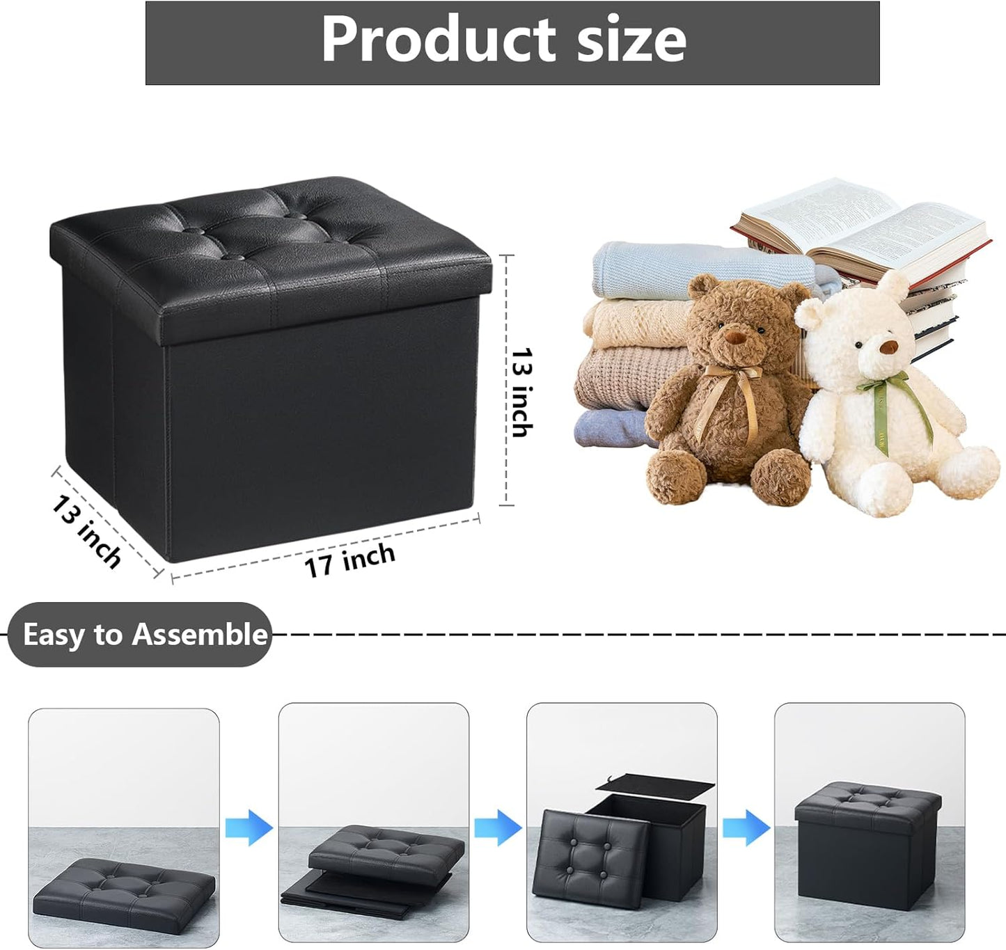 Storage Ottoman Folding Foot Rest Stool, Leather Footstool Bench, Short Ottoman Stool, Storage Foot Rest Store, Books (Black, 17" D X 13" W X 13" H)