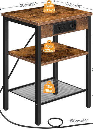 Rustic Brown Side Table with Integrated Charging Station and USB Port, Compact 3-Tier Nightstand with Adjustable Shelf for Living Room, Bedroom, and Balcony, Model BF112BZ01