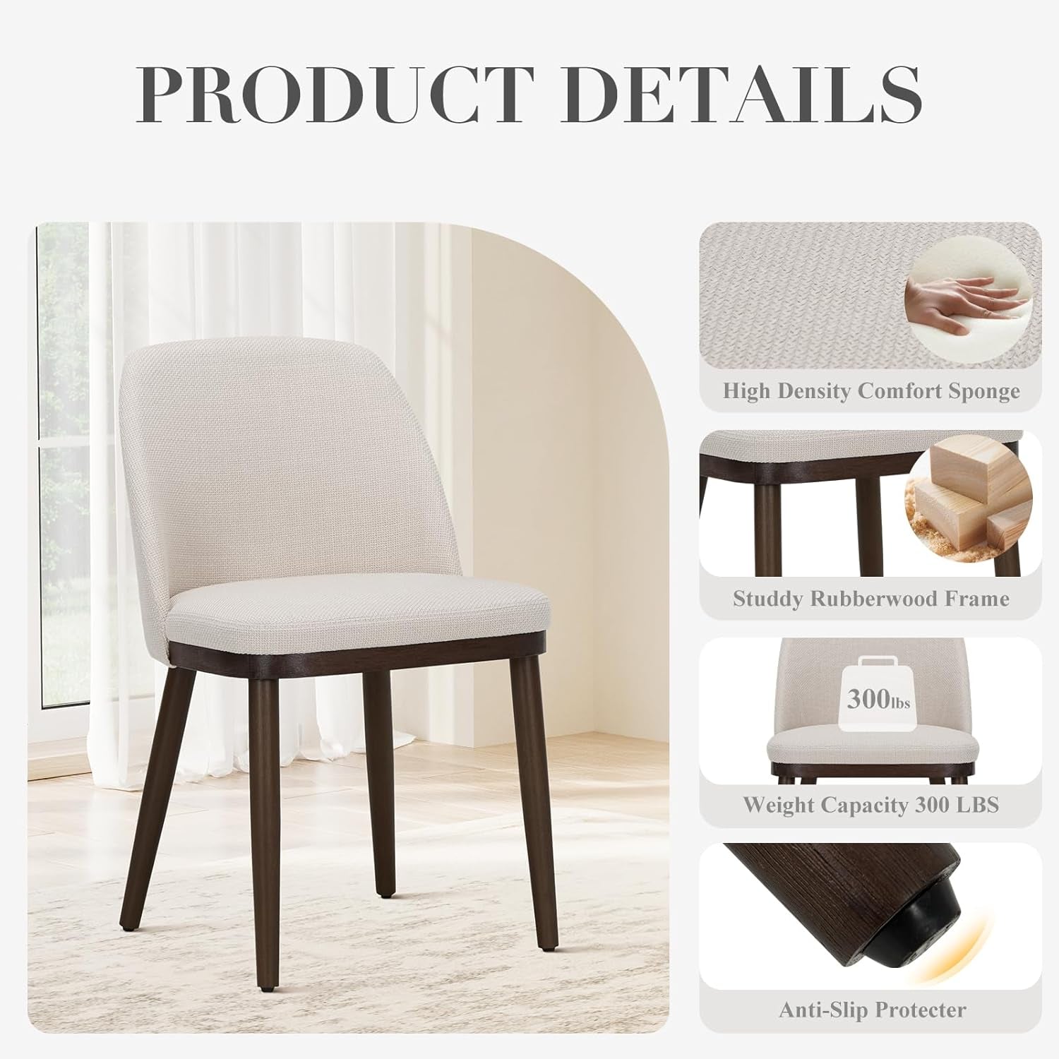 Upholstered Dining Chairs Set of 2, Modern Kitchen Chairs with Back, Fabric Side Chair with Wood Legs for Dining Room Kitchen Restaurant, Beige