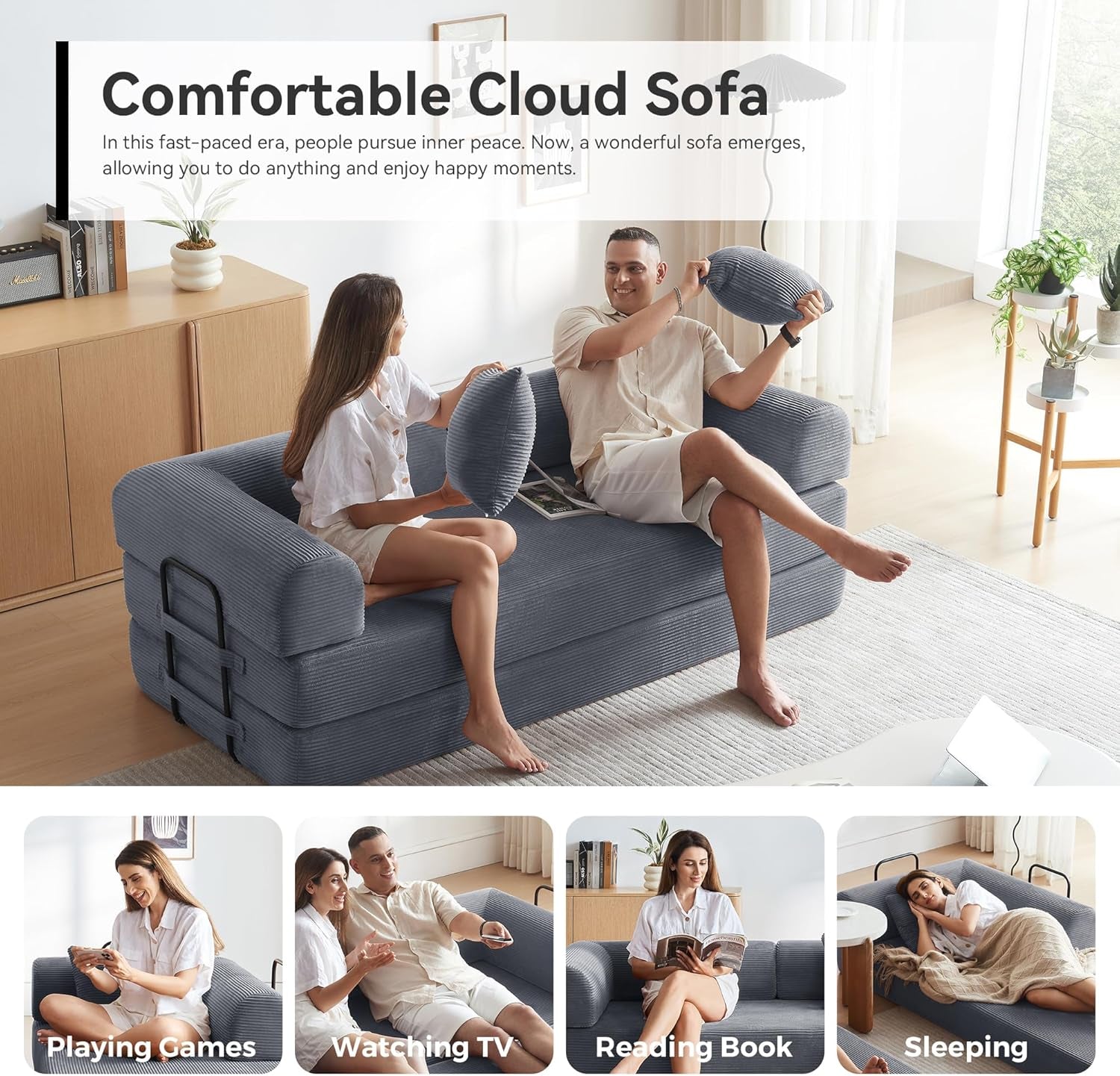 Sofa Bed, Corduroy Sleeper Sofa Bed with Fixed Frame, Floor Sofa Lounge with Pillow, Convertible Folding Mattress Couch for Living Room, Bedroom, Lounge, Studio (Dark Grey)