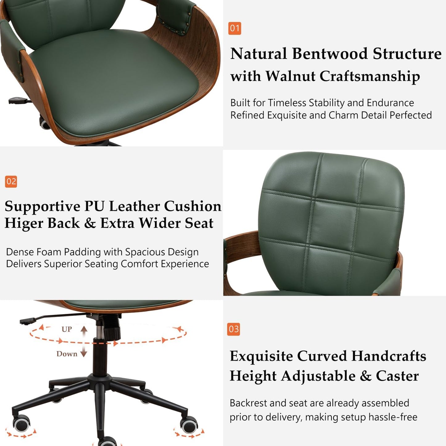 Home Office Desk Chair with Caster Wheels, Walnut Craftsmanship, Ergonomic Curved Back and Arms, Faux Leather, Height Adjustable, Computer Chair for Desk Work, Executive Task, Conference Rooms - Green