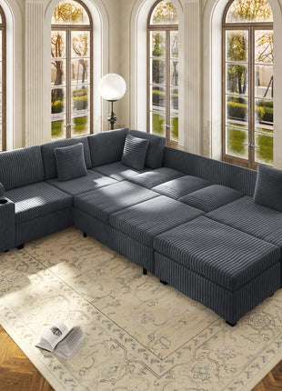 Spacious 110" L-Shaped Plush Corduroy Modular Sectional Sofa with Pull-Out Bed, 6-Seater Sleeper Couch, Ottoman, USB Ports, and Cup Holders - Effortless Assembly, Ideal for Living Room, Gray