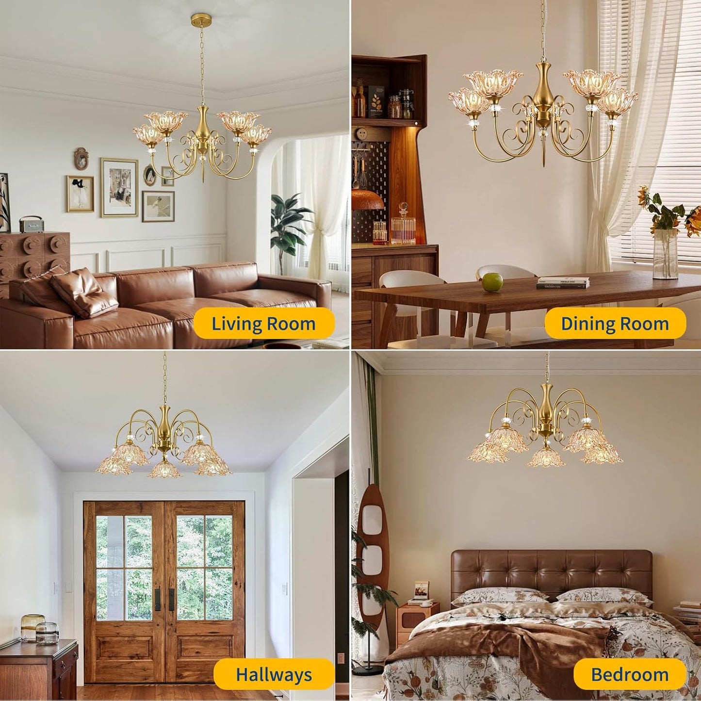 5-Light Vintage Chandeliers in Matte Brass Finish with Amber Glass Shades, Retro Chandelier Light for Dining Room,Hallway,Kitchen