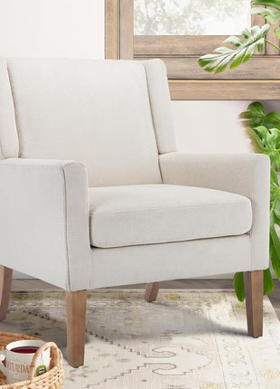 Contemporary Upholstered Wingback Accent Chair with Lounge Seat and Wooden Legs for Office, Bedroom, and Reading Spaces in Beige