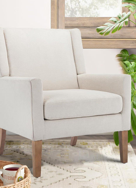 Contemporary Upholstered Wingback Accent Chair with Lounge Seat and Wooden Legs for Office, Bedroom, and Reading Spaces in Beige