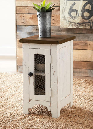 Wystfield Farmhouse Chairside End Table with Storage Cabinet in Distressed White and Brown Finish by Signature Design by Ashley