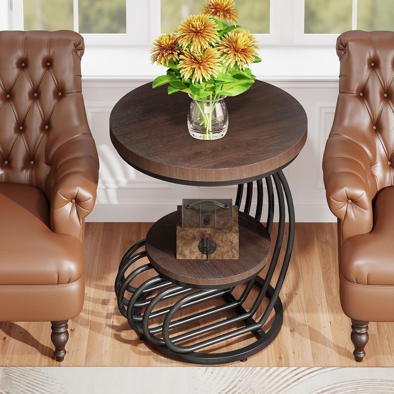 round End Side Table: Side Table with 2 Tiers Storage Shelves, Vintage End Table for Living Room, Small Bedside Table Accent Table with Arc-Shaped Frame, Rustic Brown