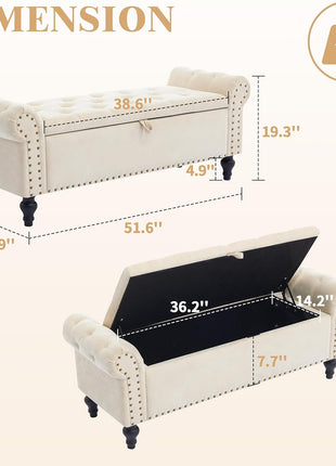 51-Inch Beige Chenille Upholstered Storage Ottoman Bench for Bedroom and Living Room