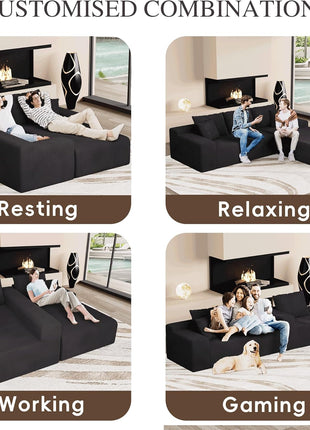 96-Inch L-Shaped Modular Sectional Sofa with Deep Seat Chaise | Boneless Cloud Couch in Soft Corduroy with Compressed Memory Foam | No Assembly Required | Ideal for Living Room, Apartment, or Bedroom | Black Finish