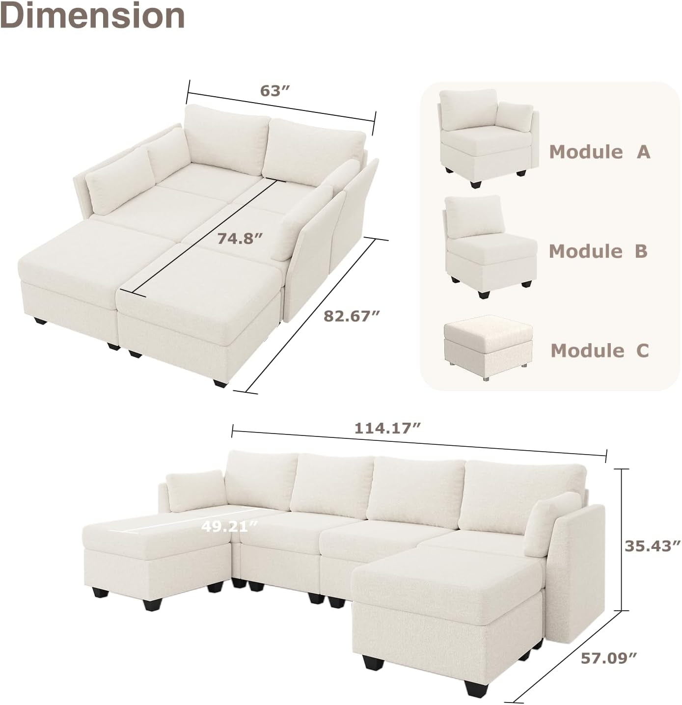 114.17" Modular Sectional Sofa, 6 Seat Modular Couch with Storage, Memory Foam, Convertible Sectional Couches for Living Room, U Shaped Comfy Modular Sofa with Chaise, Beige