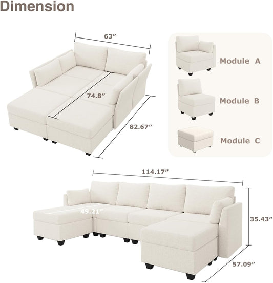 114.17" Modular Sectional Sofa, 6 Seat Modular Couch with Storage, Memory Foam, Convertible Sectional Couches for Living Room, U Shaped Comfy Modular Sofa with Chaise, Beige
