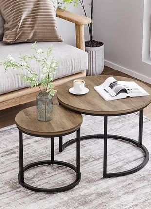 Set of 2 Round Nesting Coffee Tables with 23.6" Wood Grain Top and Adjustable Non-Slip Feet, Industrial Style End Tables for Living Room, Bedroom, Balcony, and Outdoor Use