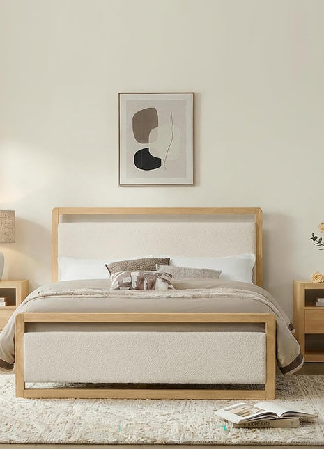 3-Piece Bedroom Furniture Set: Wooden Bed Frame with Upholstered Headboard and Two Storage Nightstands, Farmhouse Style Mattress Foundation