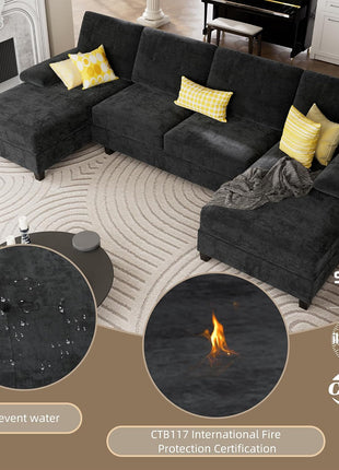 Elegant U-Shaped Sectional Sofa – Modern 4-Seat Couch with Double Chaise and Removable Pillows in Chic Black, Perfect for Apartment Living Rooms