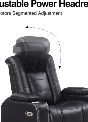 Black Leather Power Recliner Sofa with Arm Storage, Power Headrest, and Wireless Charging - Luxurious Living Room Couch with Cup Holders, Breathable Material, LED Lighting, Hidden Outlet, USB, and Type-C Ports