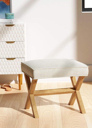 Mid-Century Modern Small Ottoman Foot Rest, Ivory White Polyester Linen, 18"D x 19.8"W x 18.3"H