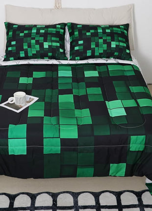Pixelated Miners Full Size Comforter Set for Kids, Geometric Check Video Game Bedding, Gamepad Camo Grid Quilt with 2 Pillowcases, Black and Green Bedroom Decor