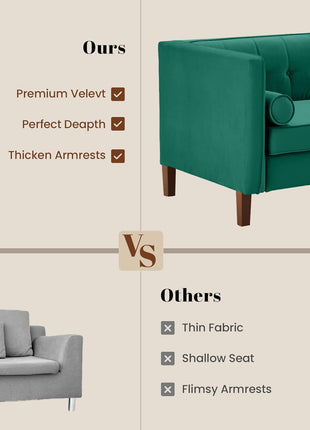 78-Inch Velvet Mid-Century Sofa with Bolster Pillows and Button Tufting for Living Room - Teal