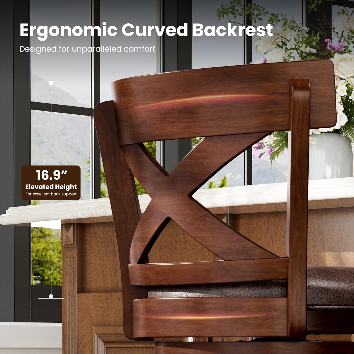 30 Inch Bar Height Stools Set of 4,Swivel Wooden Barstools Tall Upholstered Faux Leather Barstool with Back,Vintage Bar Height Chairs,Dark Brown Kitchen Stools