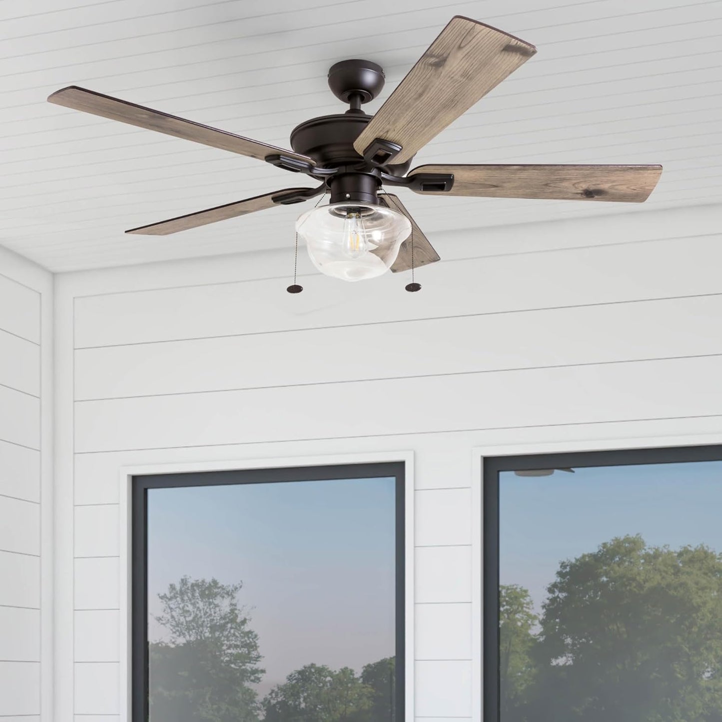 Abner Modern Farmhouse 52 Inch Ceiling Fan with Light, Outdoor Fan/Indoor Tri-Mount LED Ceiling Fan with 5 Blades, Silver Oak and Maple Brown Blade Finish Options, Bronze (80091-01)