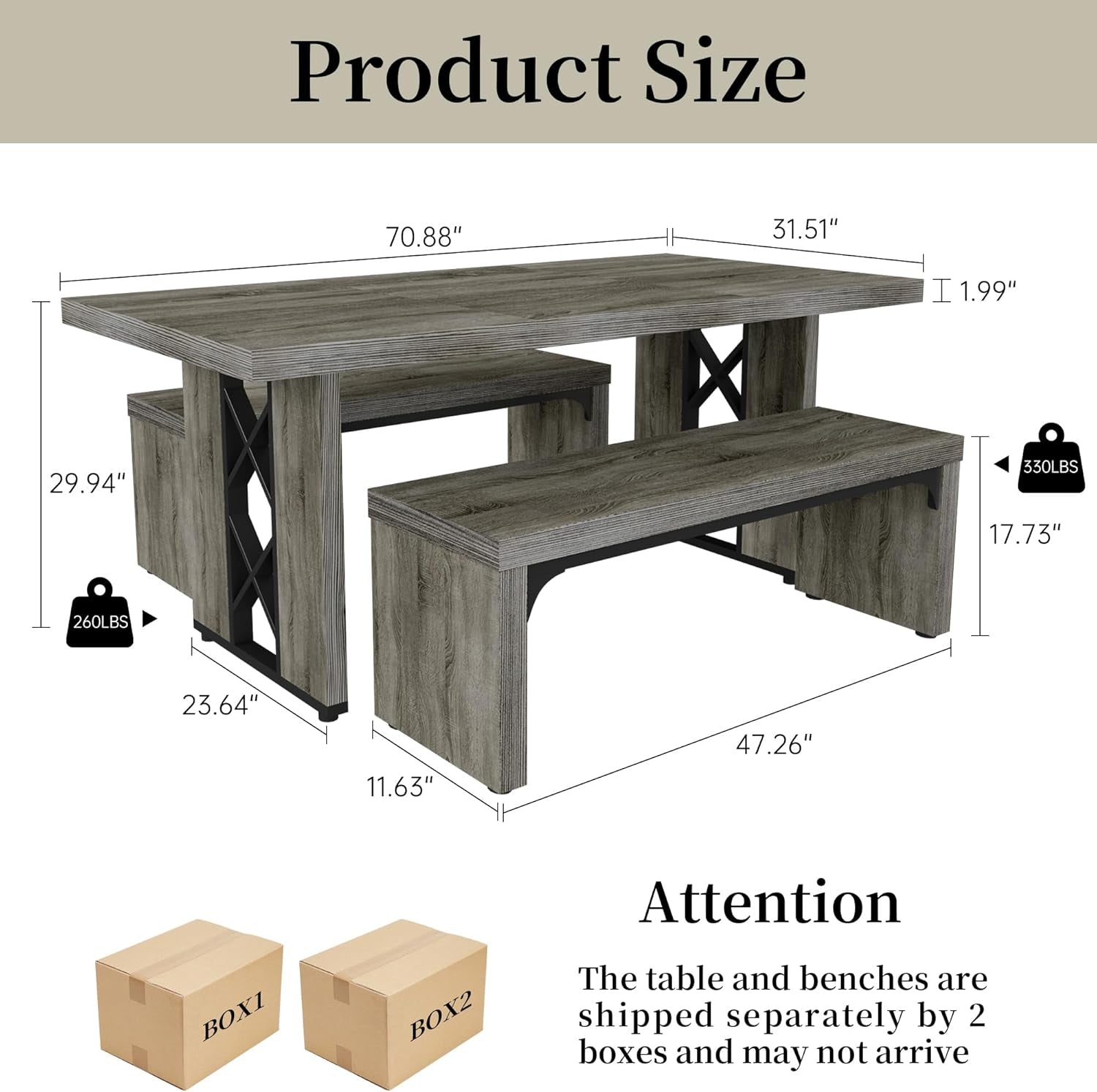 3-Piece Dining Table Set for 6 People, 70.8'' Rectangle Kitchen Table with 2 Benches for Breakfast Nook, Dining Room Furniture(Grey Table+2 Benches)
