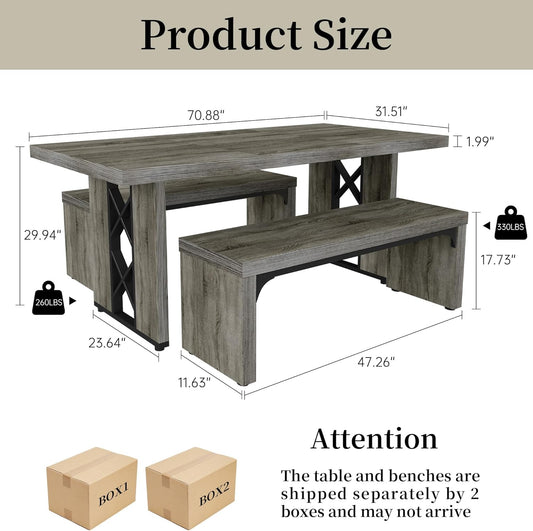 3-Piece Dining Table Set for 6 People, 70.8'' Rectangle Kitchen Table with 2 Benches for Breakfast Nook, Dining Room Furniture(Grey Table+2 Benches)