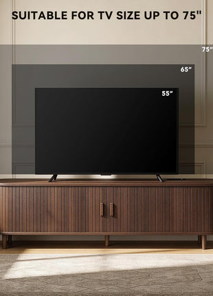 65-Inch Mid-Century Modern TV Stand with Power Outlet, Fluted Entertainment Center with Storage and Adjustable Shelves, Wood TV Console with Sliding Doors in Walnut Finish
