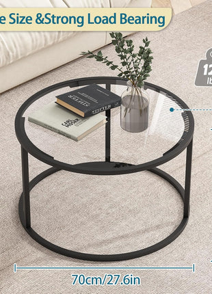 Contemporary 27" Round Black Coffee Table with Glass Top and Durable Metal Frame for Living Room and Home Office, Effortless Assembly