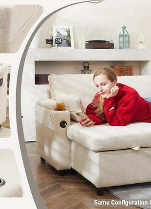 Beige 2-in-1 Pull-Out Sofa Bed with Storage, USB Ports, and Cup Holders – Stylish Sectional Ideal for Apartment Living