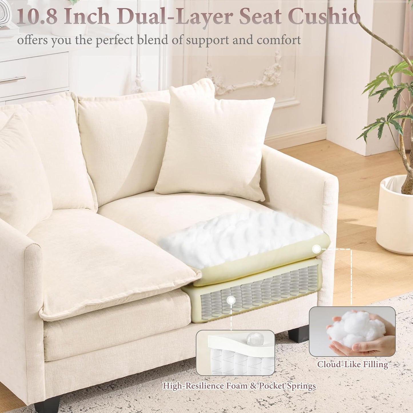 50 Inch Loveseat Sofa | Comfy Small Couch for Bedroom, Living Room, Office | Mini 2 Seater Sofa in a Box | Deep Seat with Double Layer Upholstered Cushion, Removable Cover, Chenille Fabric | Beige