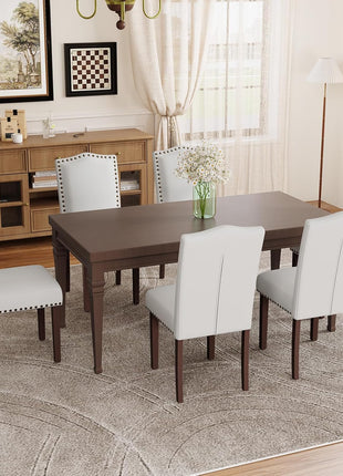 Set of 6 Upholstered Parsons Dining Chairs with High-Density Cushions, Solid Wood Legs, and Nailhead Trim in Beige - Ideal for Dining Room, Kitchen, and Living Room