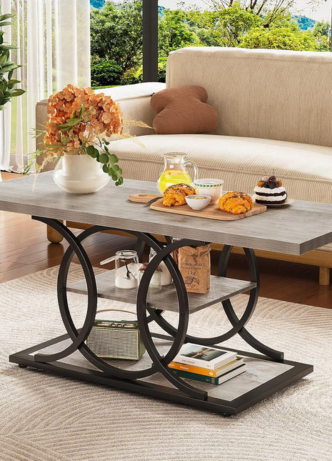 Rustic Industrial Coffee Table with Storage - 3-Tier Wooden Rectangle Center Table for Living Room, Office, and Bedroom - Elegant Full Moon Design in Vintage Gray Finish (L-47)